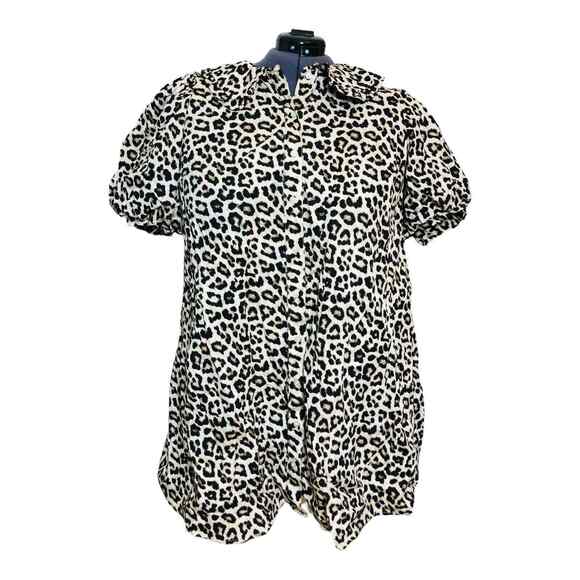 H&M Womens Leopard Animal Print Mini Dress Puff Sleeve Relaxed Fit Brown Large - Picture 1 of 7